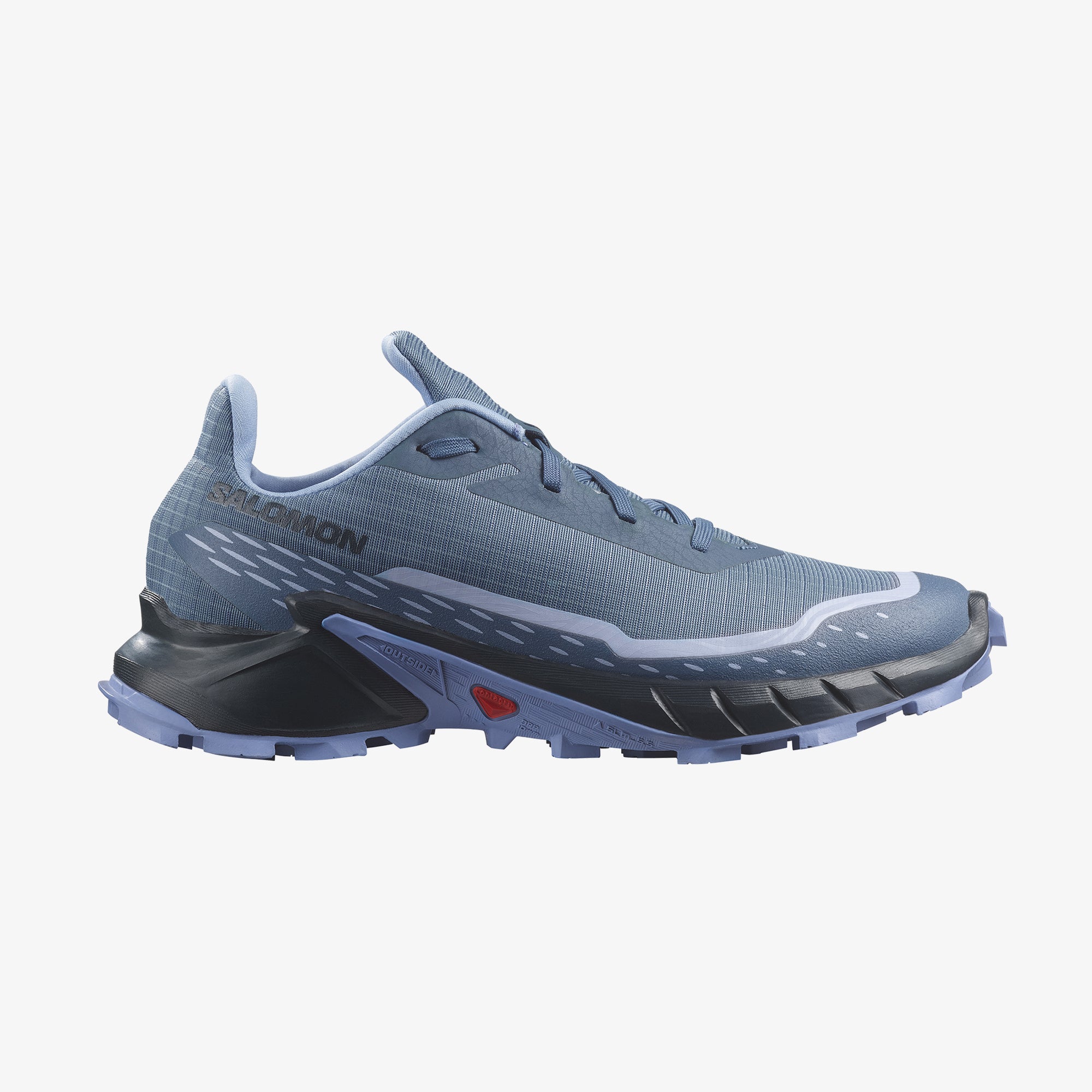 Salomon Sports ALPHACROSS 5 trail running shoes in black and red, featuring rugged soles and breathable mesh upper.