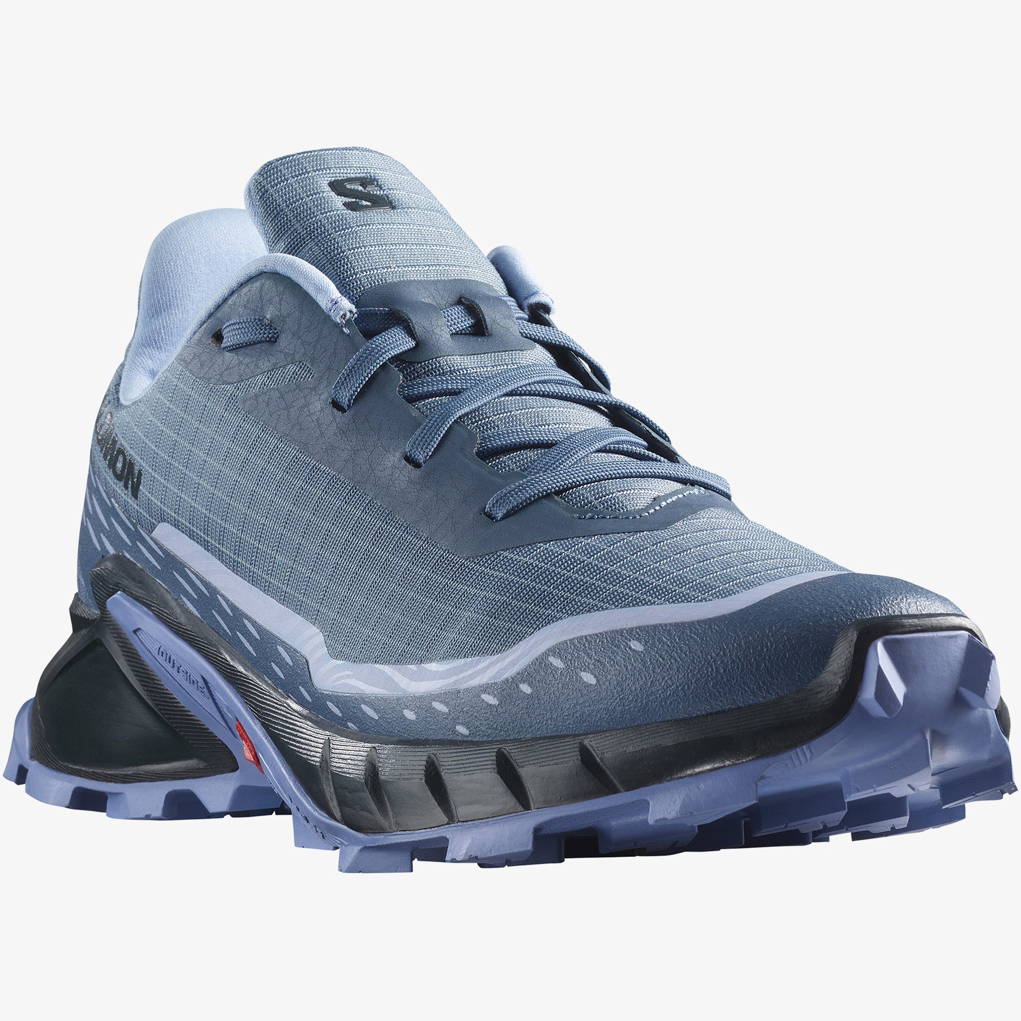 Salomon Sports ALPHACROSS 5 trail running shoes in black and orange with rugged outsole and supportive design.