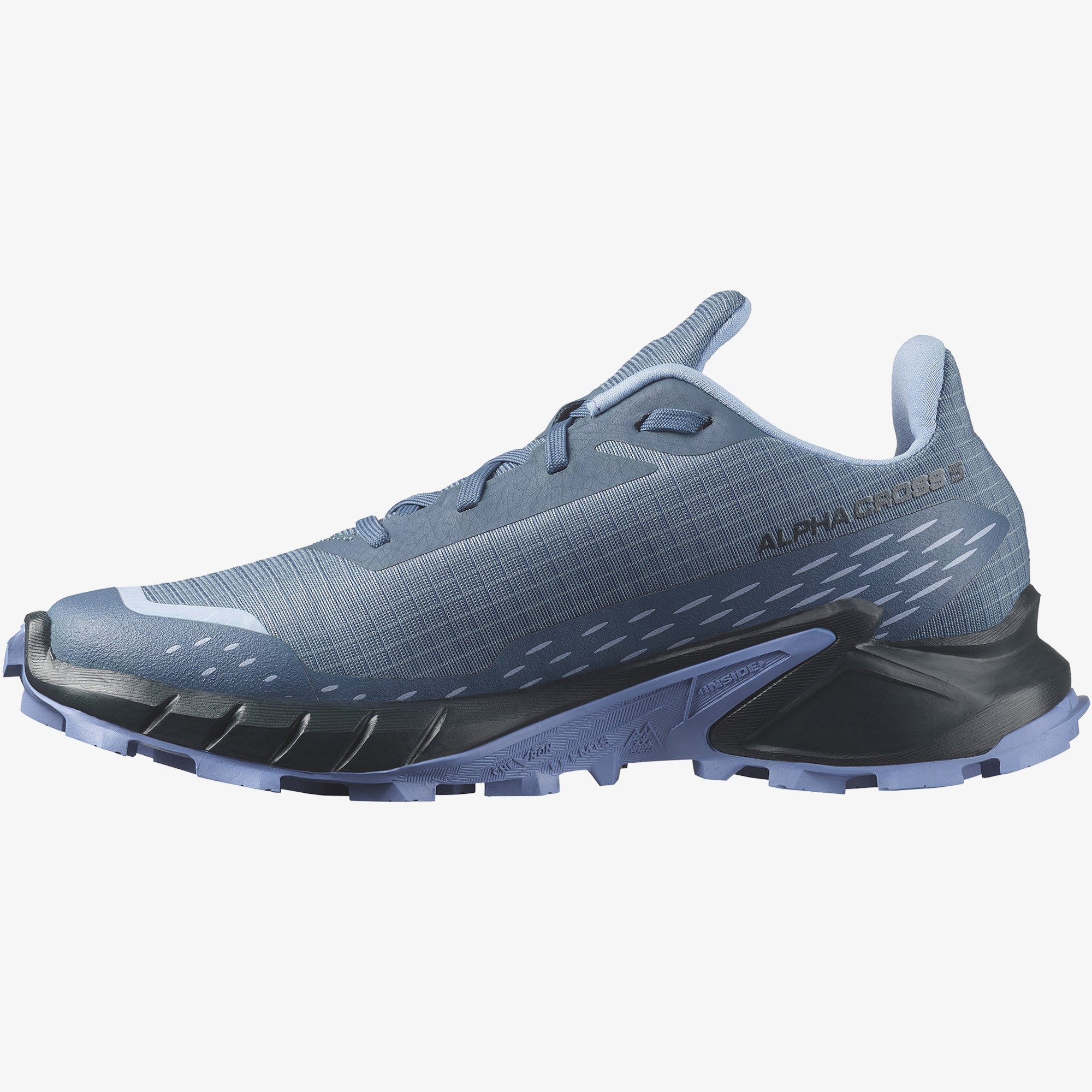 Salomon Sports ALPHACROSS 5 trail running shoes in gray and black with rugged outsole and breathable mesh upper.