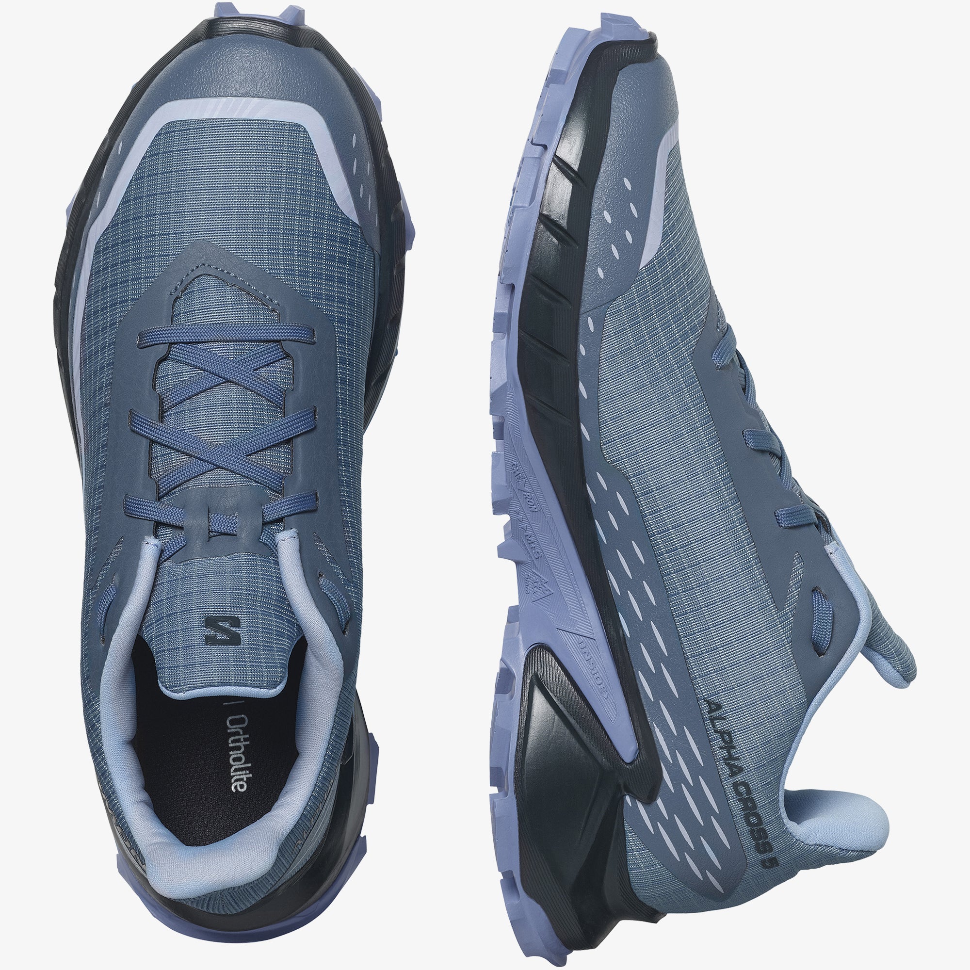 Salomon Sports ALPHACROSS 5 outdoor footwear showing rugged trail running shoes with supportive design and textured outsole.