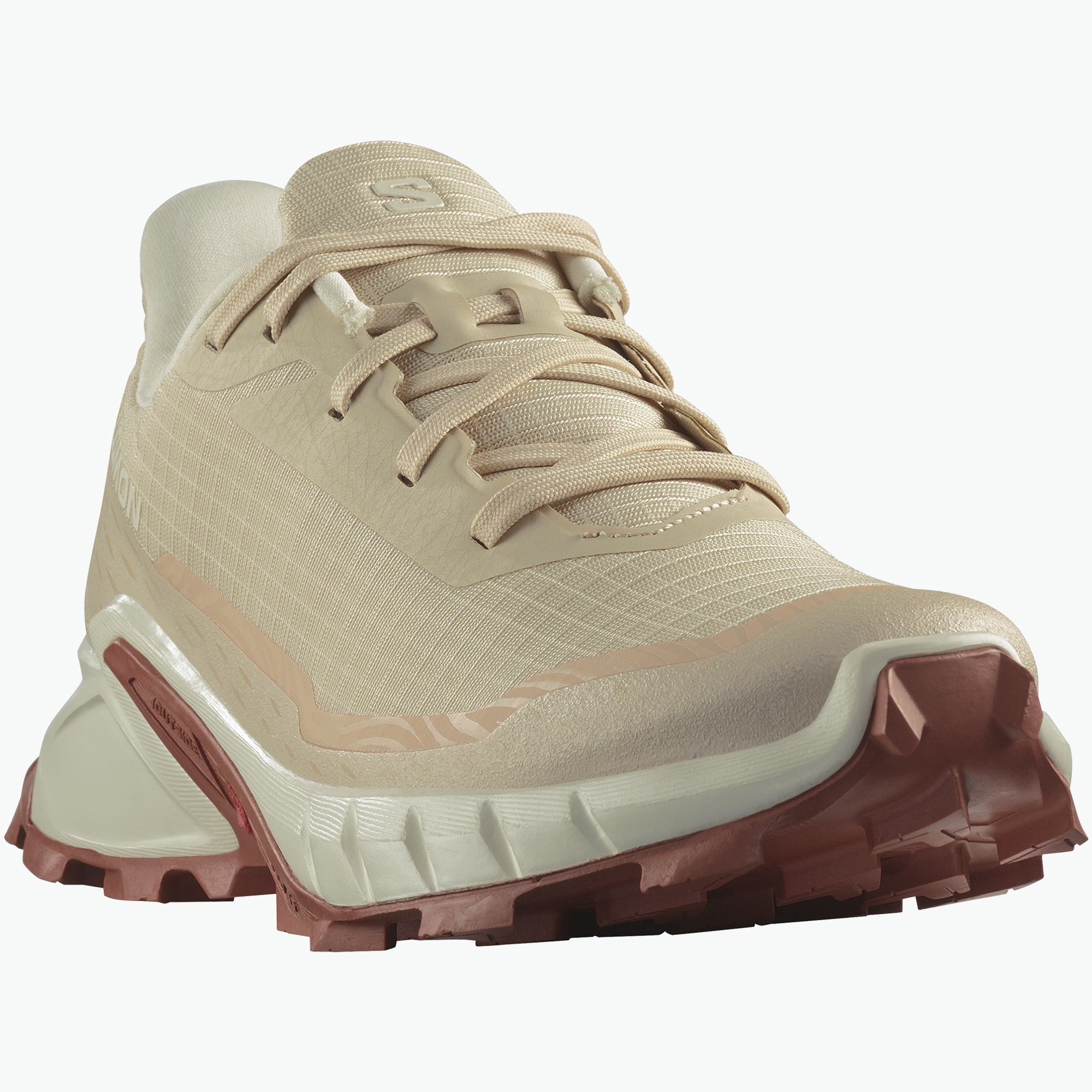 Salomon Sports ALPHACROSS 5 trail running shoes in black and orange, featuring rugged design and durable outsole.
