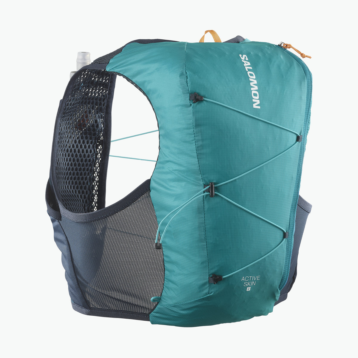 Salomon Sports ACTIVE SKIN 8 accessories, close-up of the sleek, lightweight design and adjustable straps for running or outdoor activities.