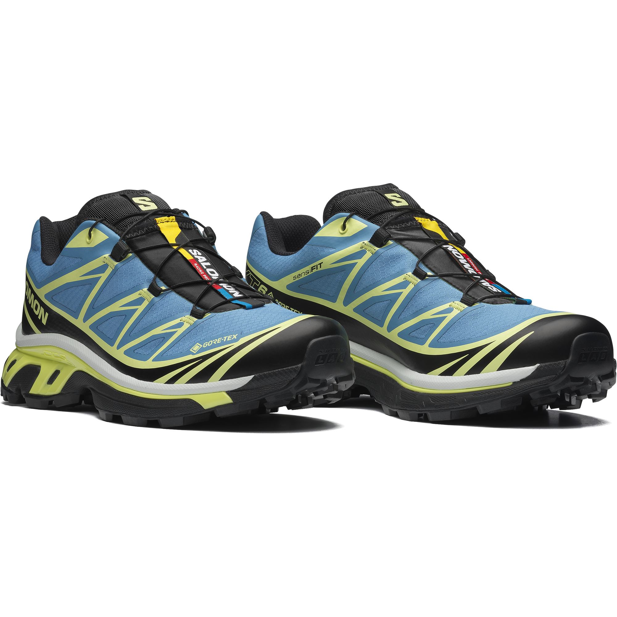 Salomon Sports XT-6 GORE-TEX footwear in Niagara, Sunny Lime, and Black with waterproof GORE-TEX material and rugged design.
