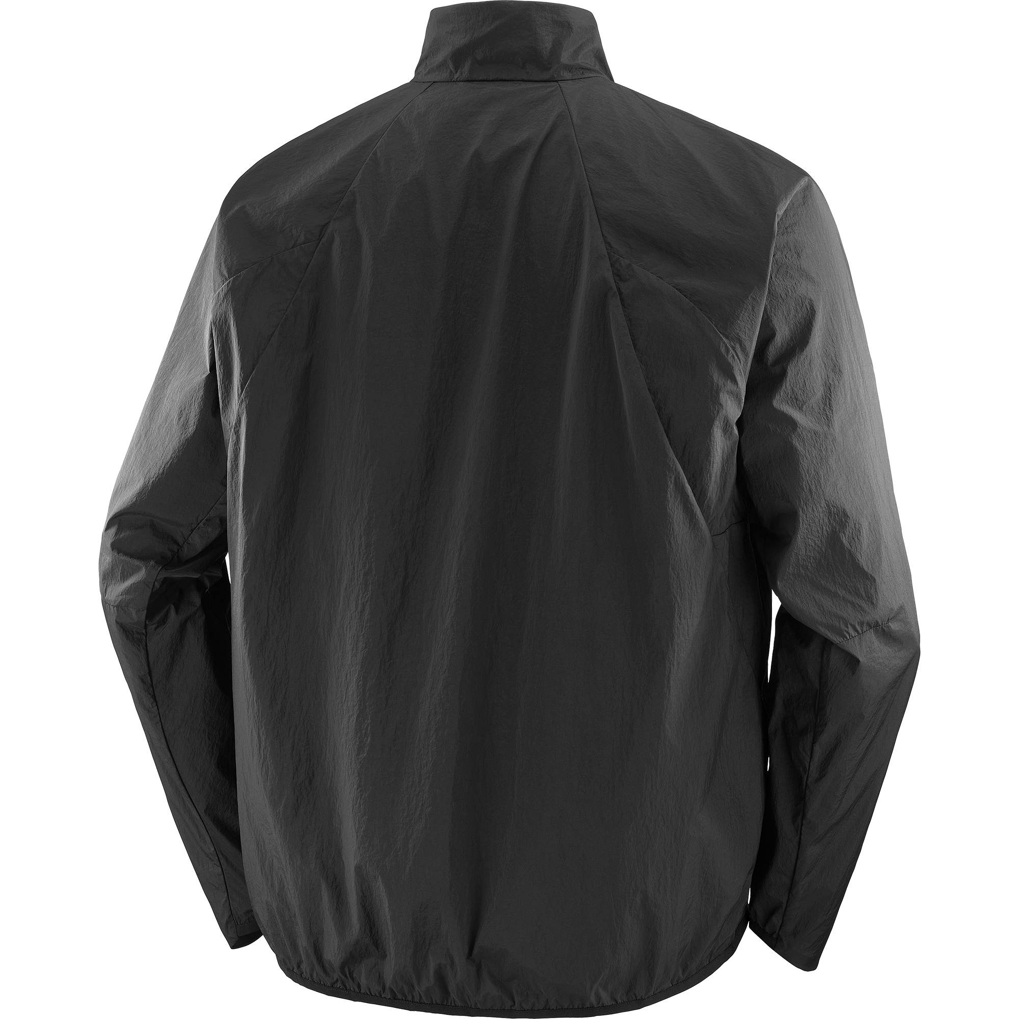 Salomon Sports Shakeout Fly apparel jacket in deep black, designed for running with lightweight, breathable fabric.