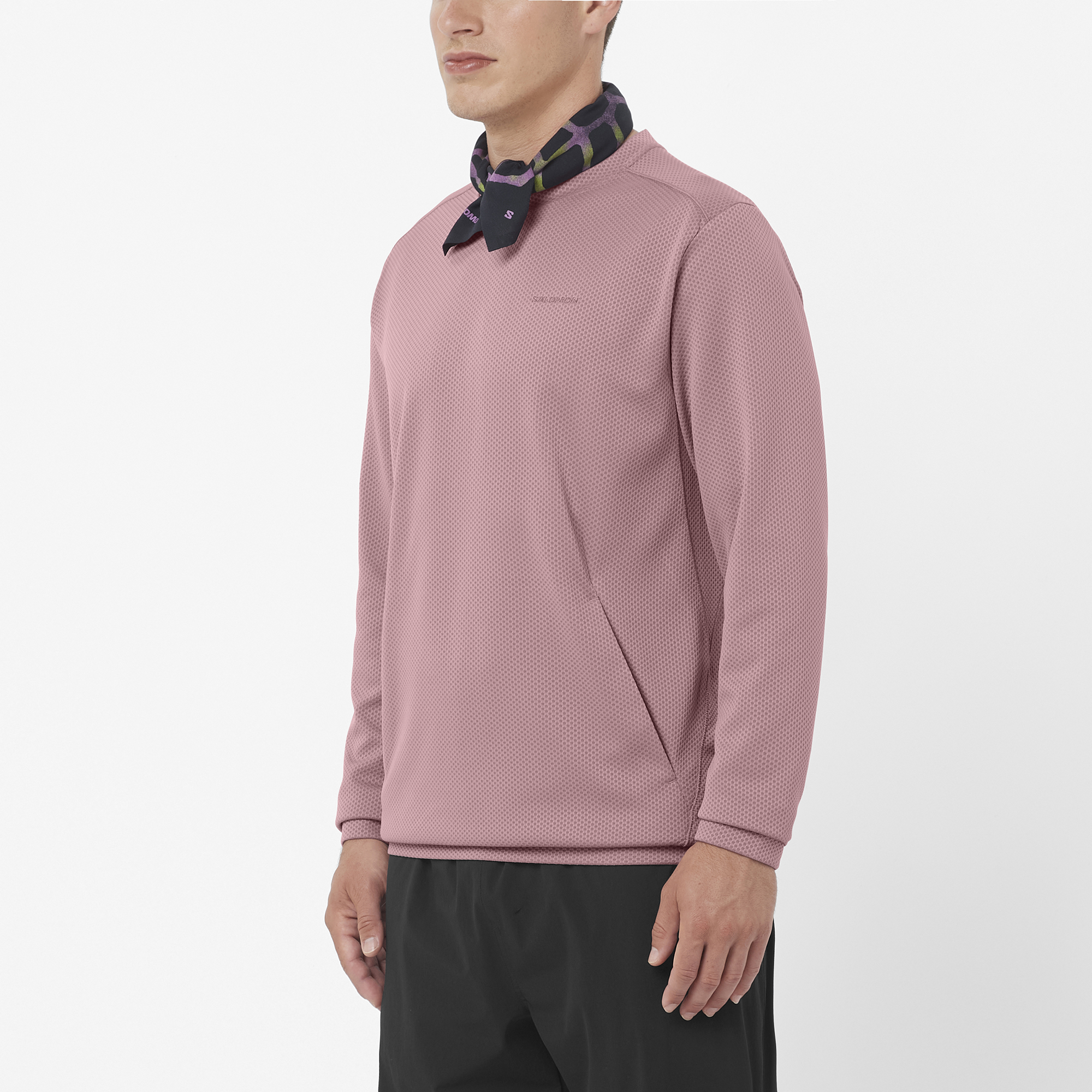 Salomon Sports Motomesh crewneck in dusky orchid, lightweight apparel with breathable fabric for outdoor hiking activities.