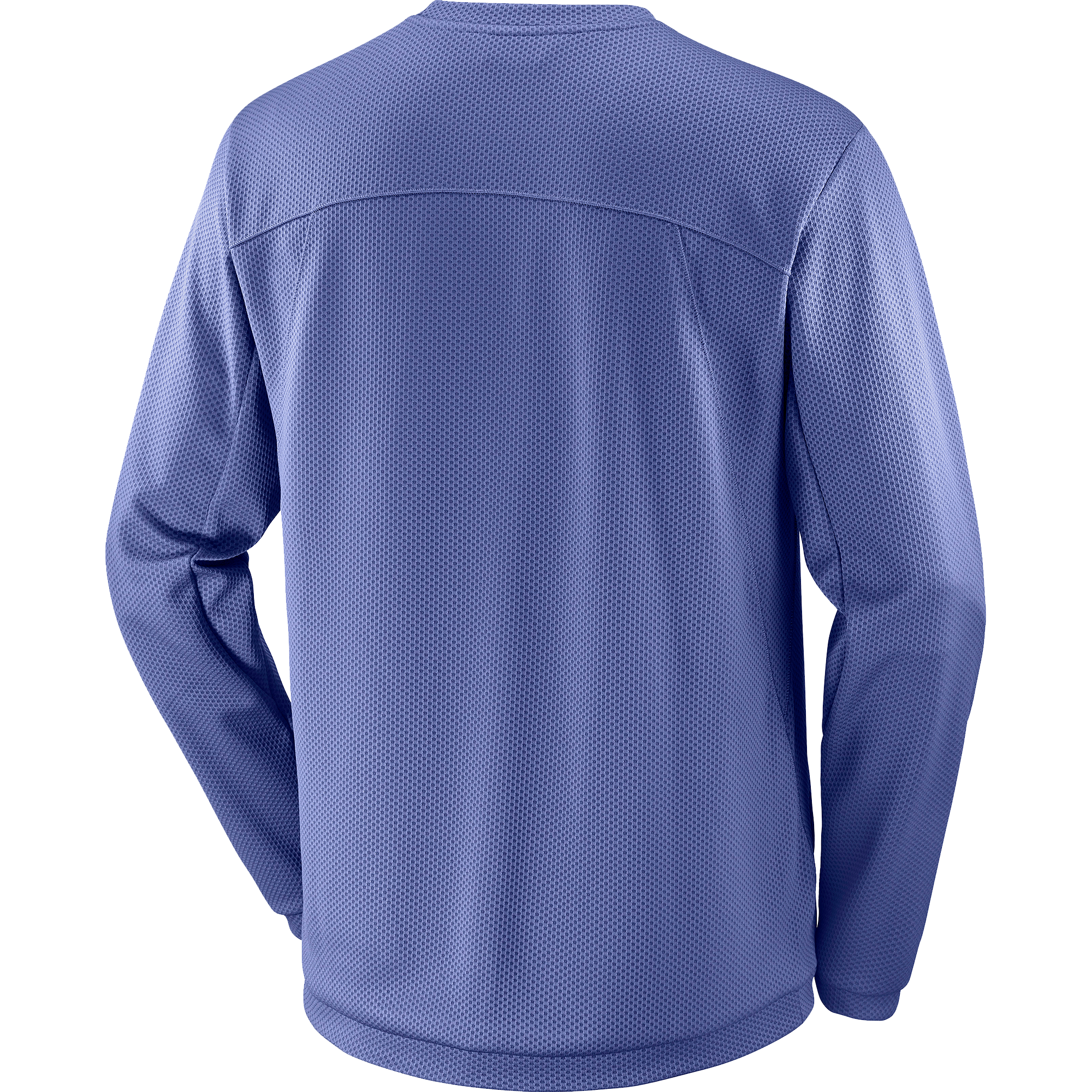 Salomon Sports Motomesh crewneck apparel in Marlin color, featuring breathable fabric and athletic fit for outdoor hikes.