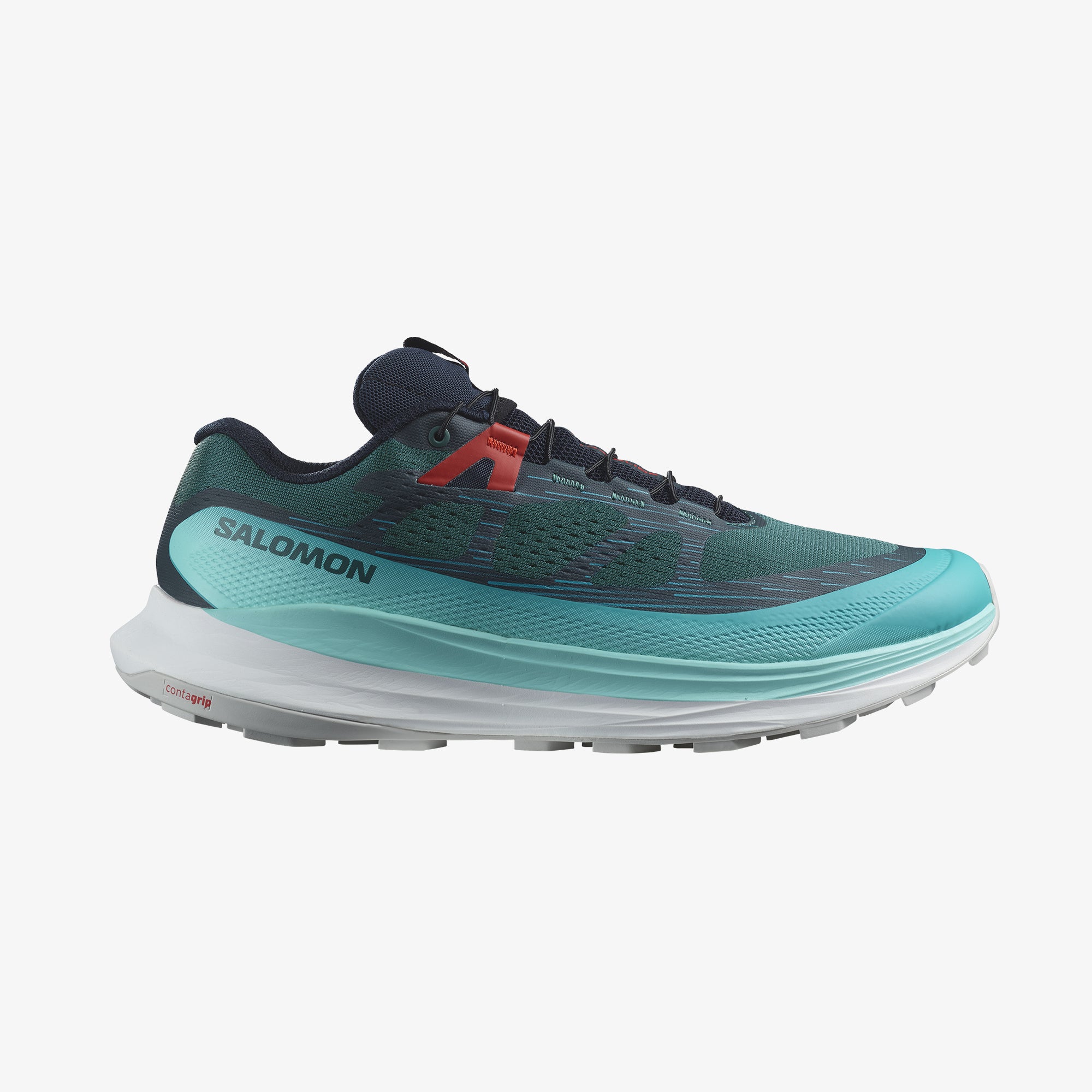Salomon Sports Ultra Glide 2 footwear in black with orange accents, featuring cushioned sole and sporty design.