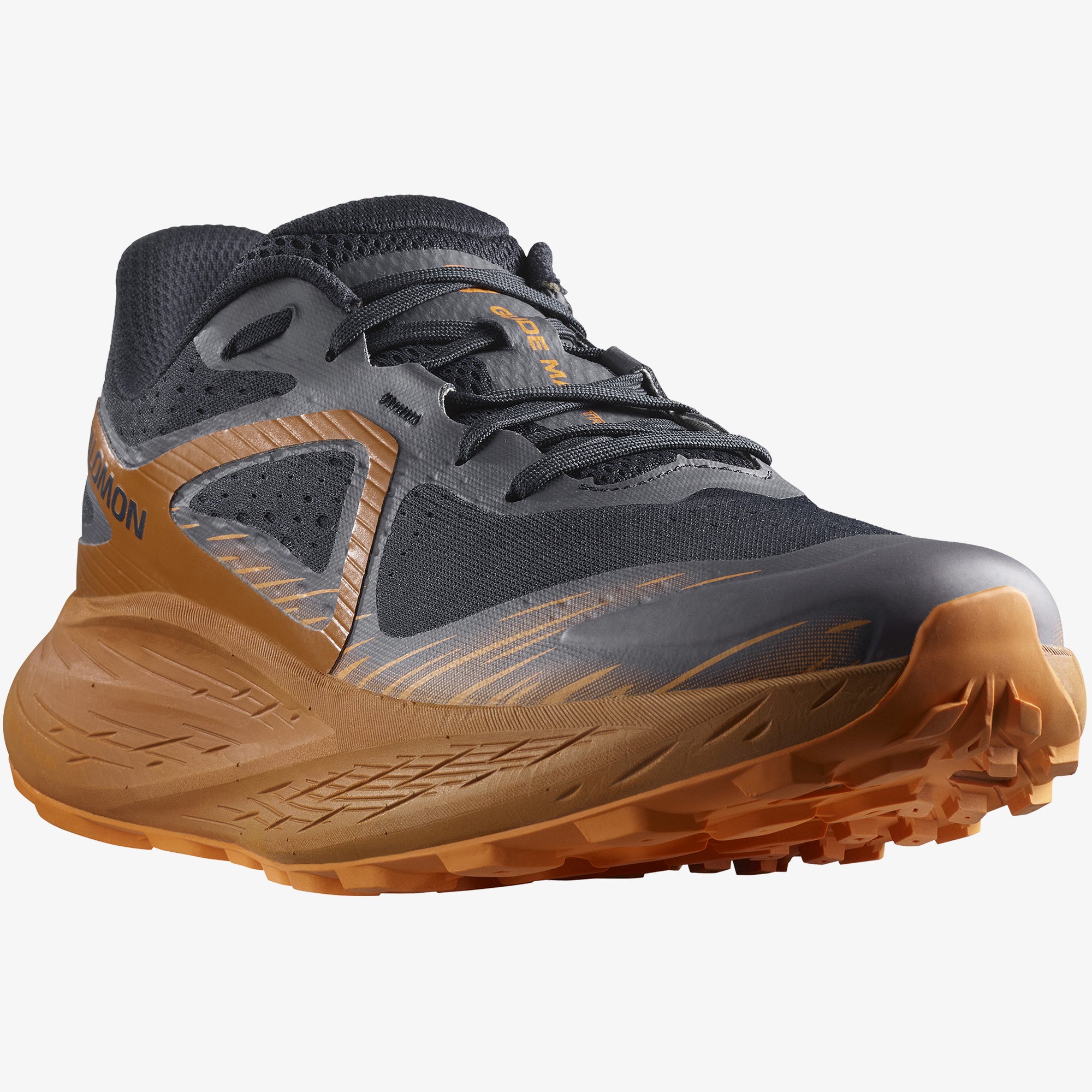 Salomon Sports Glide Max TR footwear in black with gray accents, featuring durable athletic design for trail running and outdoor activities.