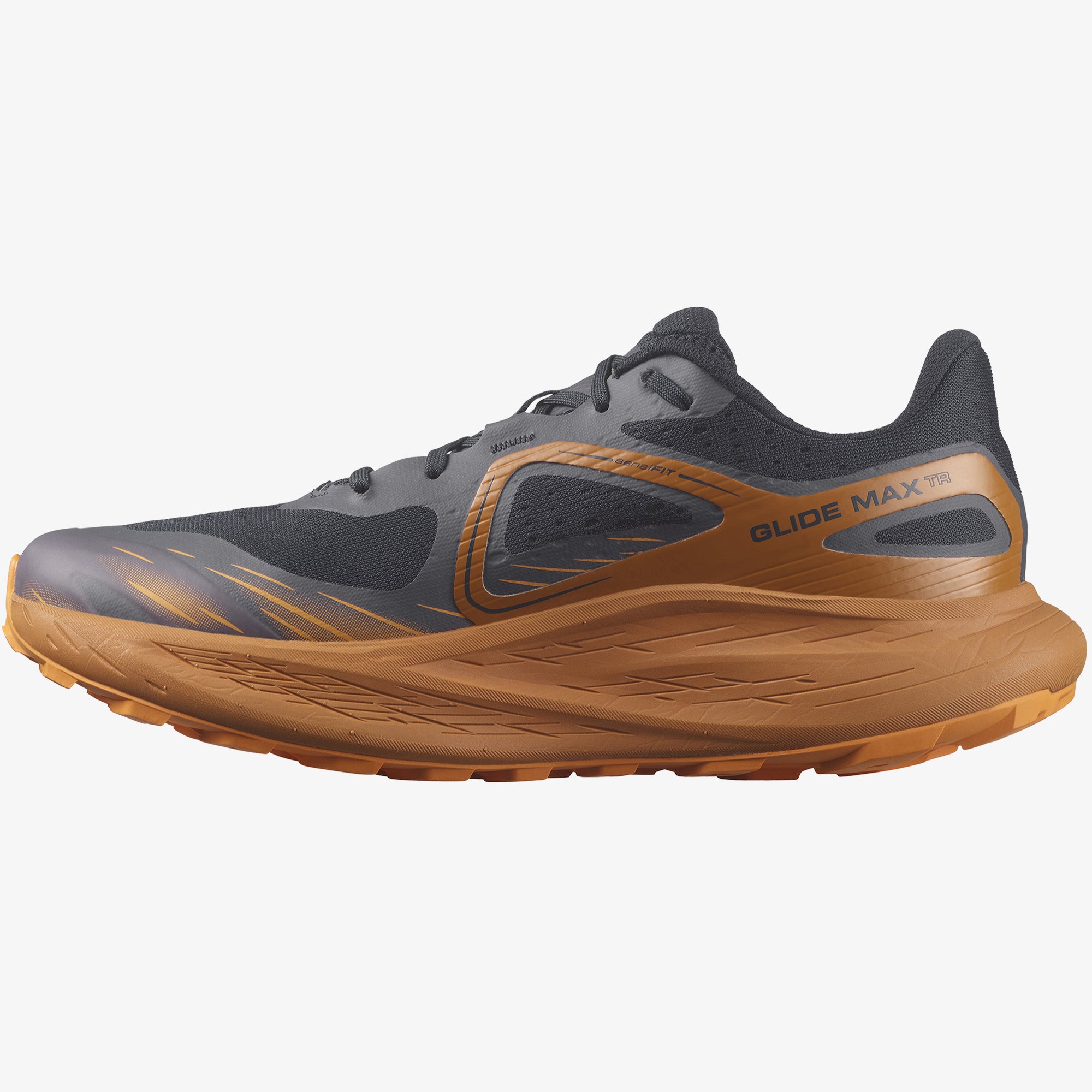 Salomon Sports Glide Max TR footwear showing black and red athletic shoes with cushioned soles and breathable mesh uppers.