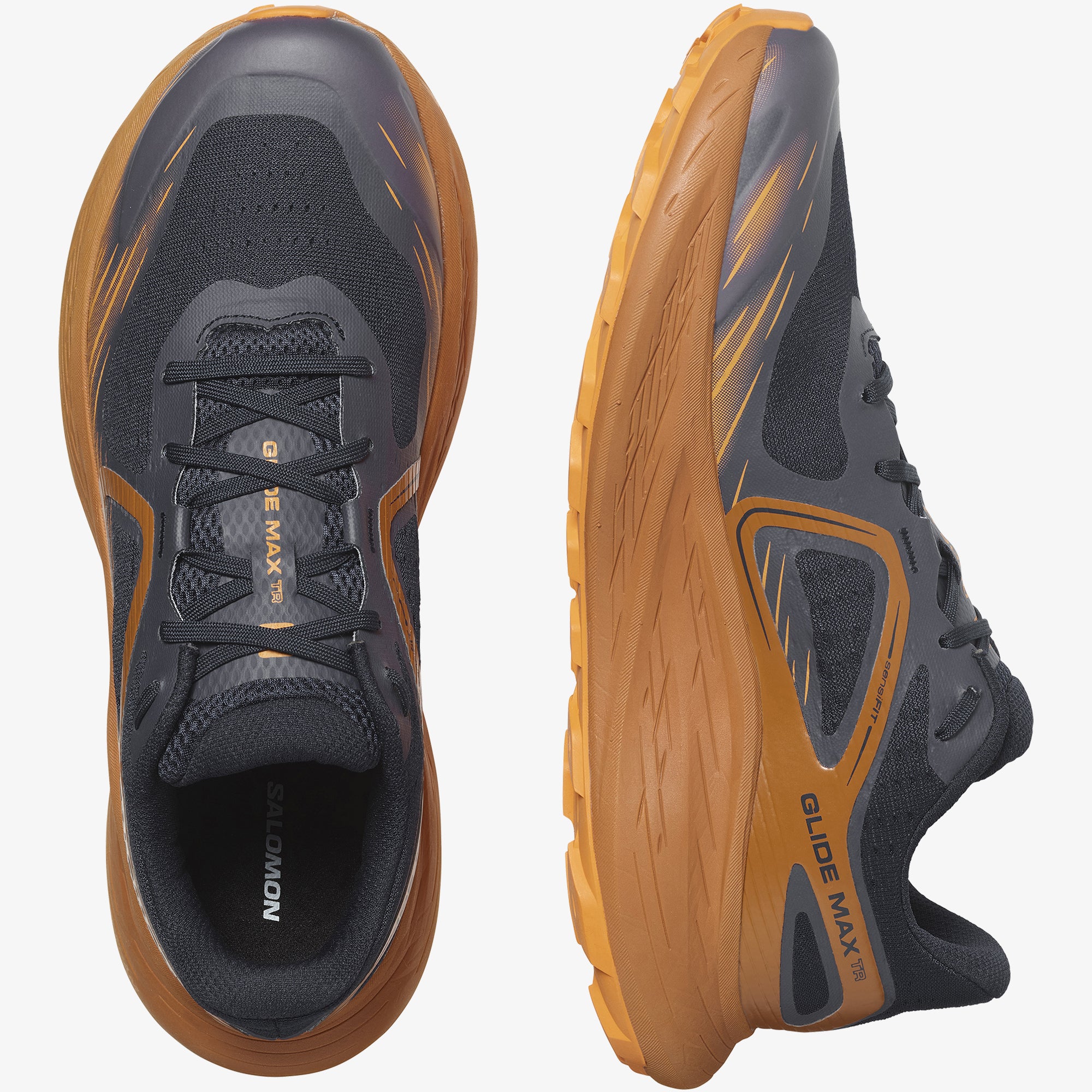 Salomon Sports Glide Max TR footwear showing black and gray athletic shoes with supportive design and durable sole.