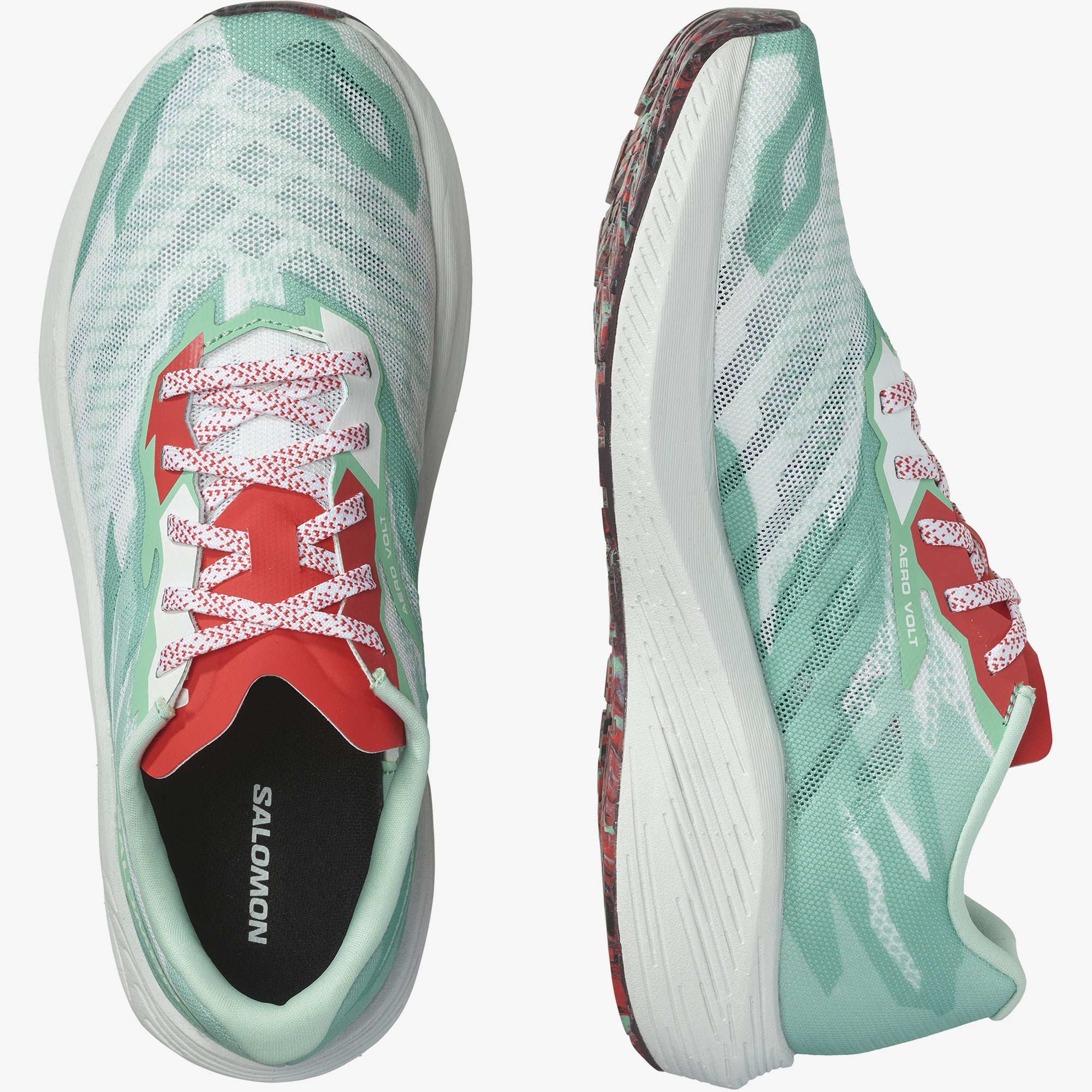 Salomon Sports Aero Volt footwear in black and gray, lightweight athletic shoes with breathable mesh for running and training.