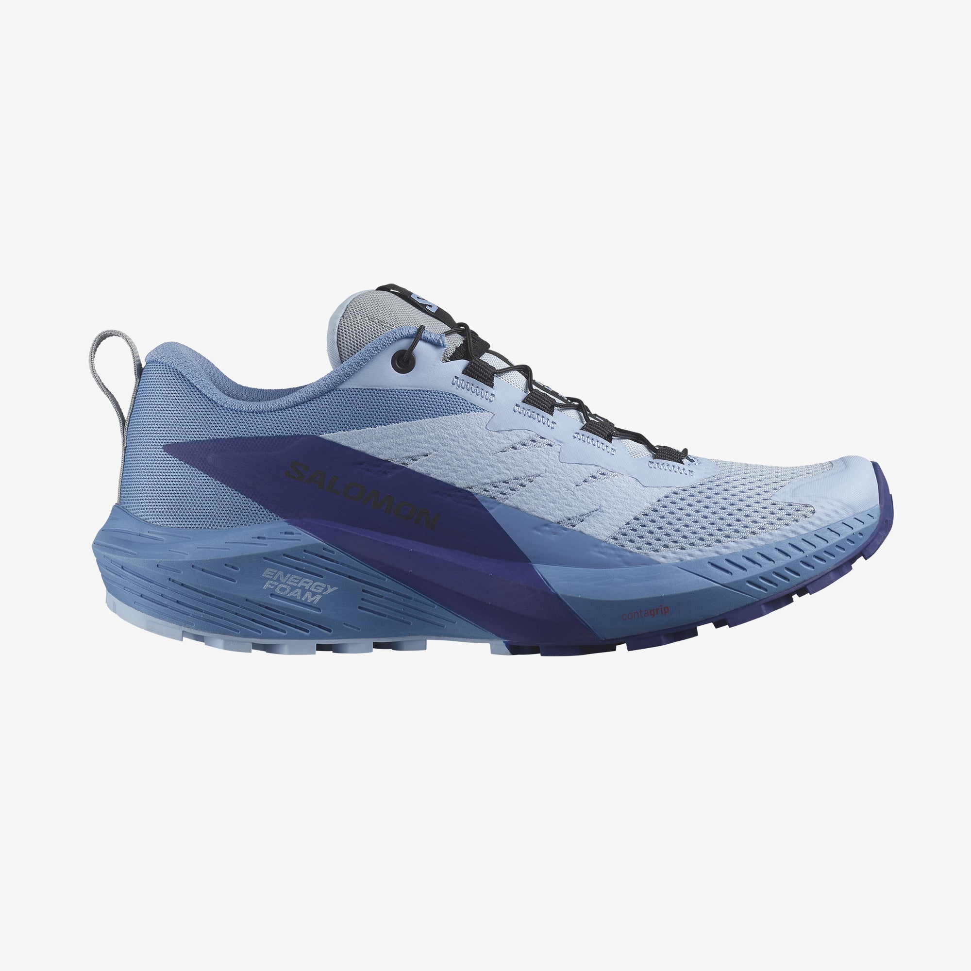 Salomon Sports SENSE RIDE 5 trail running footwear in black and grey with cushioned soles and durable mesh uppers.