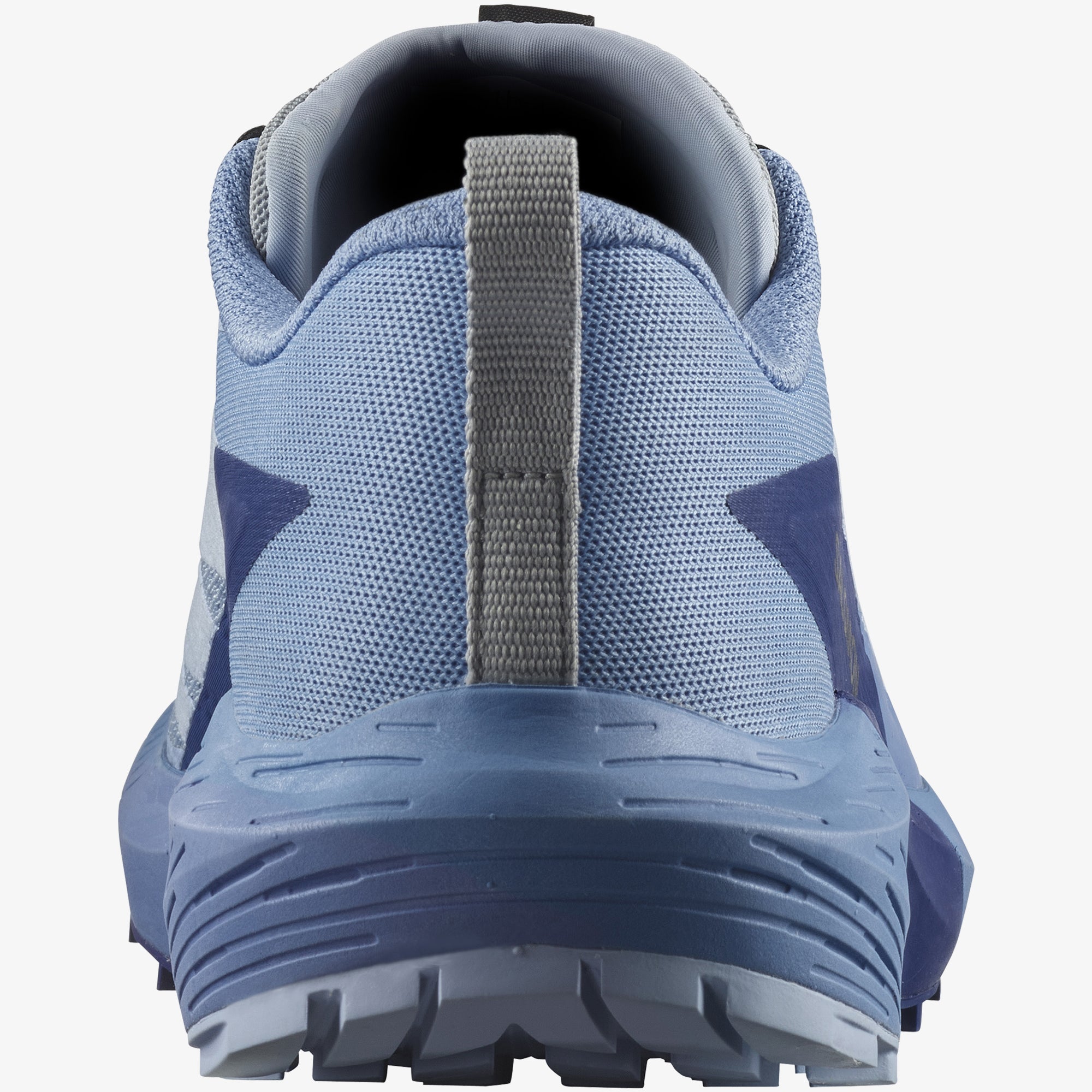 Salomon Sports SENSE RIDE 5 trail running shoes in black with blue accents, showing the lightweight design and textured outsole.
