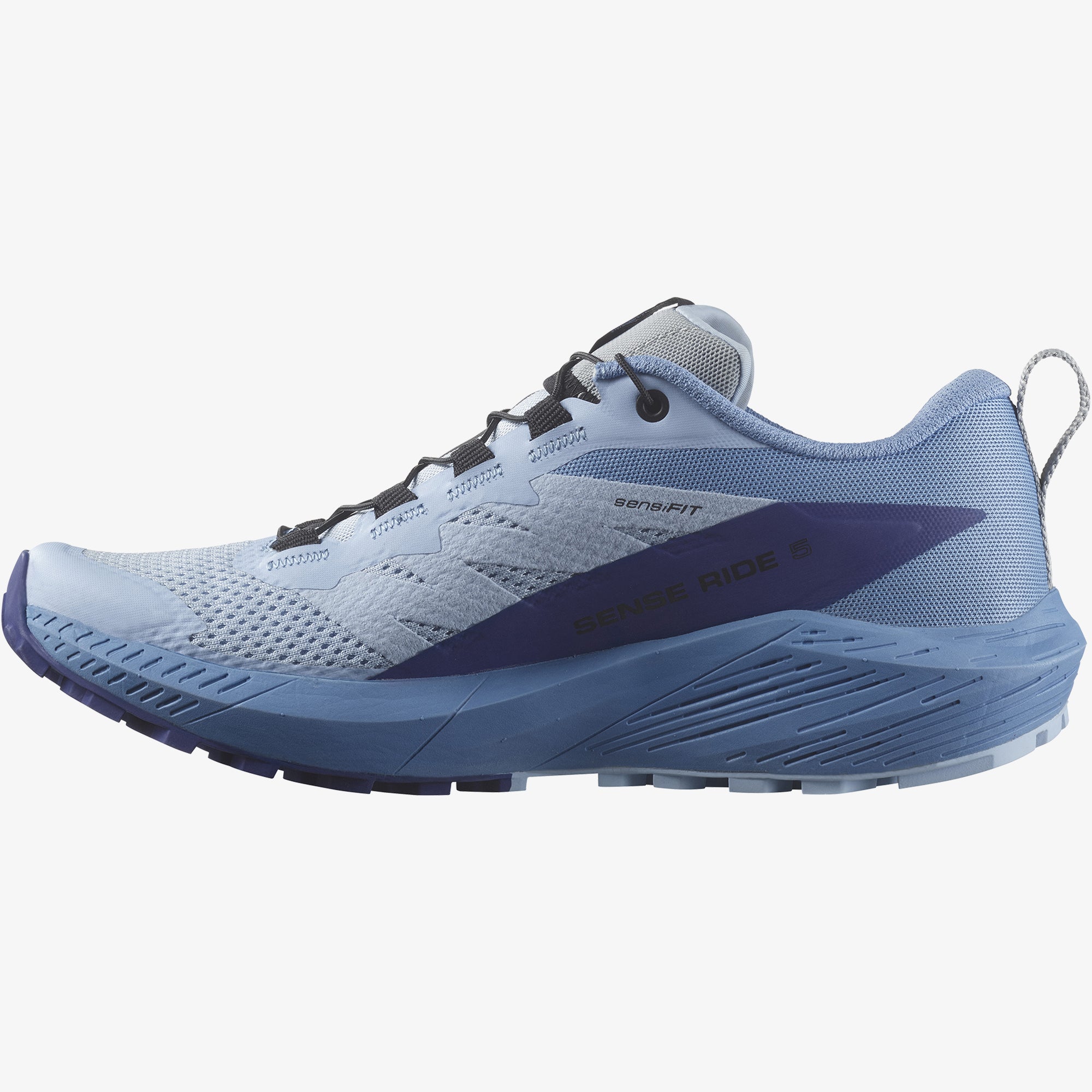 Salomon Sports Sense Ride 5 trail running footwear in grey with black accents, showing the breathable mesh upper and rugged outsole.