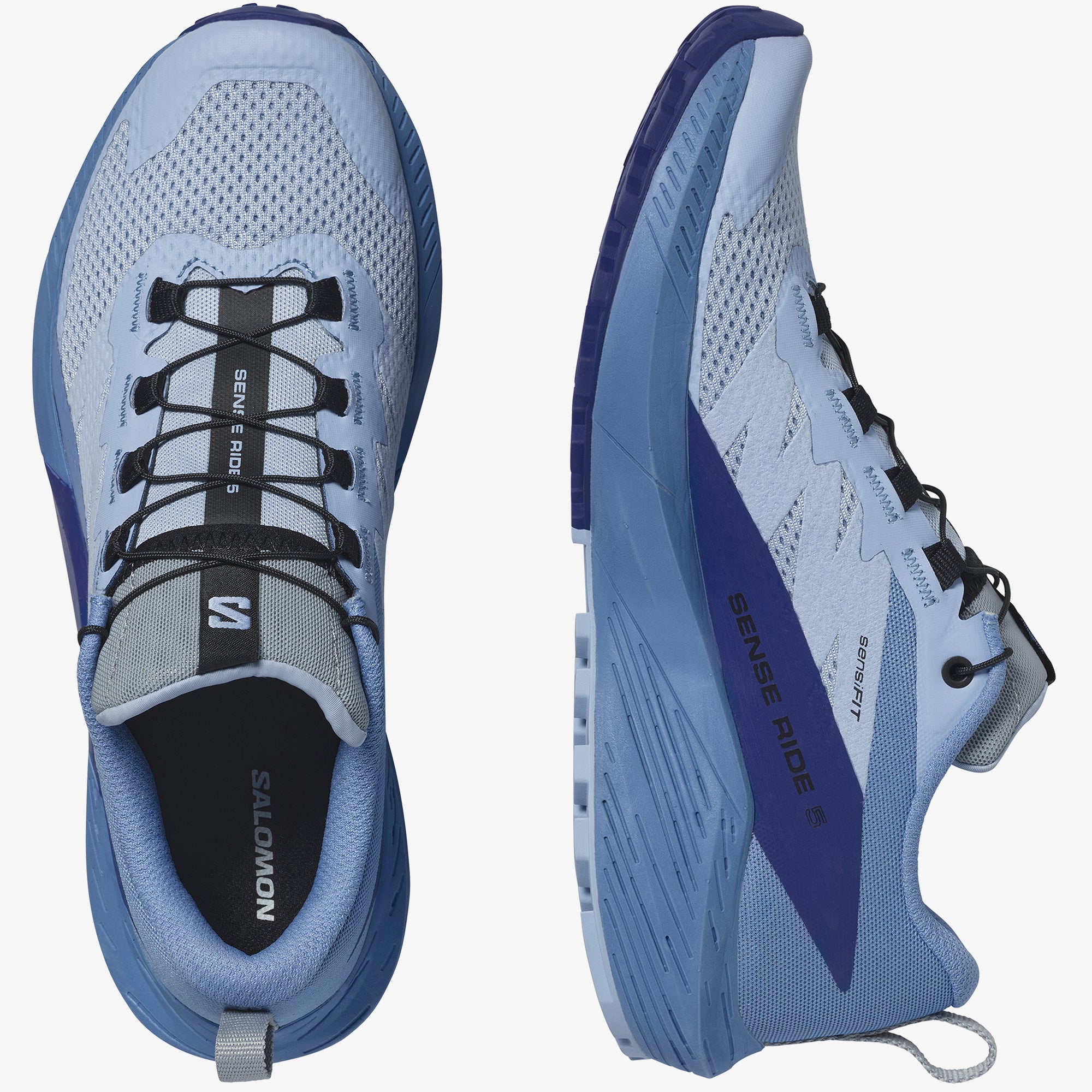 Salomon Sports SENSE RIDE 5 trail running footwear showing lightweight design and durable outsole on a neutral background.